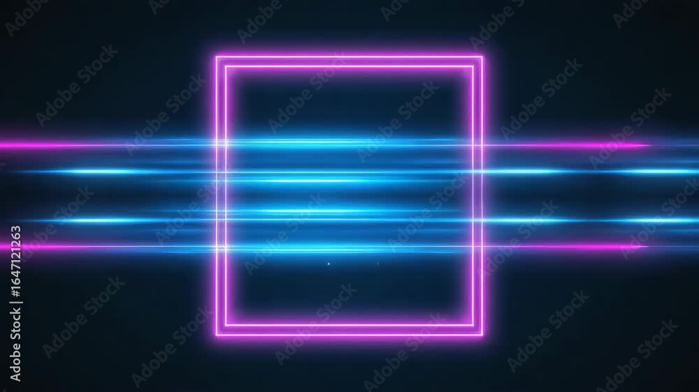 Poster horizontal blue light trails intersect with a vibrant neon pink rectangular frame, creating a dynami