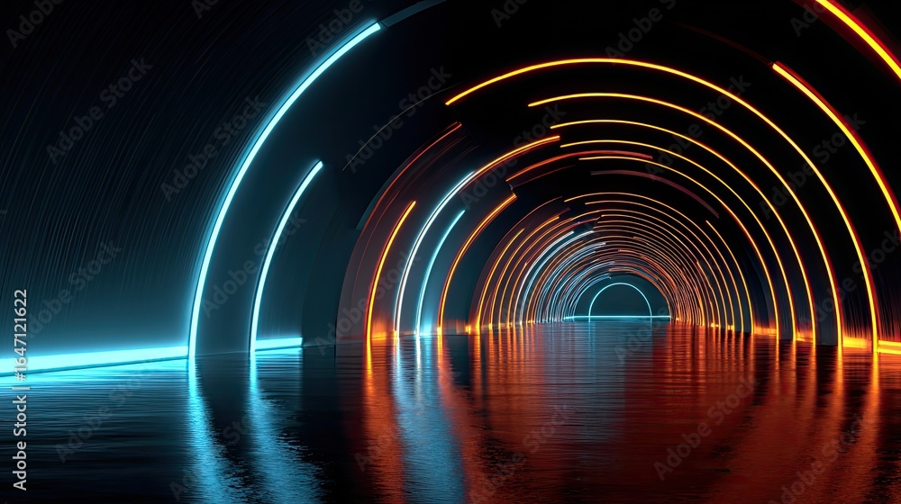 Poster experience the dynamic journey through a futuristic tunnel illuminated by vibrant neon blue and oran