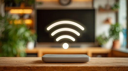 Modern wireless router on wooden table with a blurred TV and greenery in background.