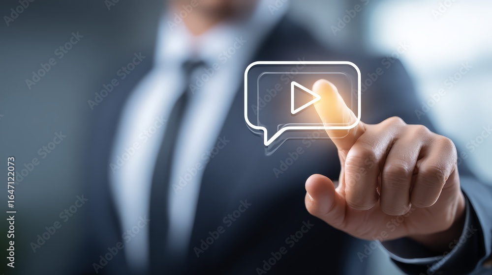 Poster professional man interacting with a digital interface, pressing a play button.