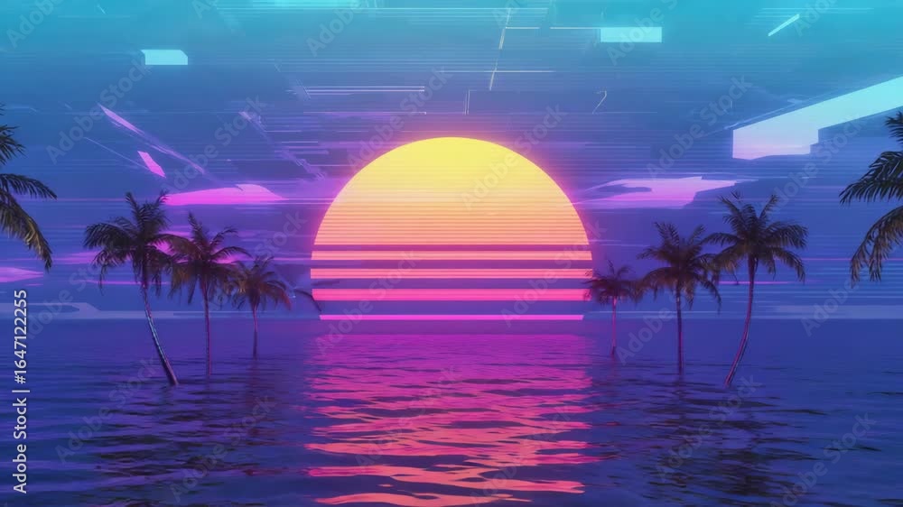 Aufkleber palm trees emerging from a virtual ocean surface under a large retro-style synthwave sunset with hor