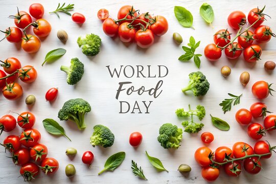 World food day concept with fresh cherry tomatoes and broccoli arranged on a white surface, top view, flat lay, healthy eating and nutrition