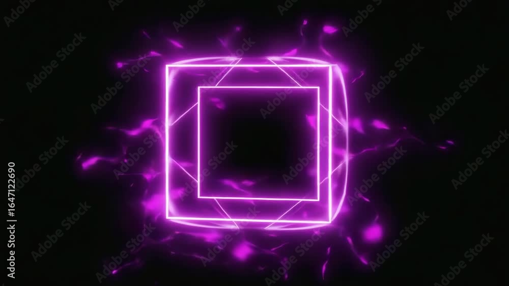 Poster purple neon cube rotating in dark space, creating a mesmerizing visual with its futuristic design an