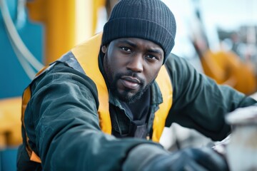 Fototapeta premium Focused Black male sailor performing maintenance with skill and diligence on deck