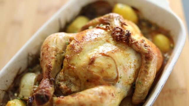 A woman is presenting a baked chicken with potatoes in a roasting dish, ready for a delicious family meal. The video showcases home cooking and the final presentation of a cozy, appetizing dinner.