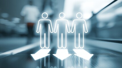 Stylized graphic of people icons on moving walkway indicating progress in teamwork.
