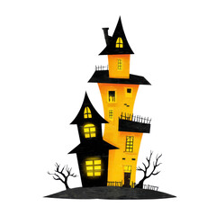 Obraz premium Haunted house with glowing windows and crooked towers creates spooky atmosphere perfect for Halloween night