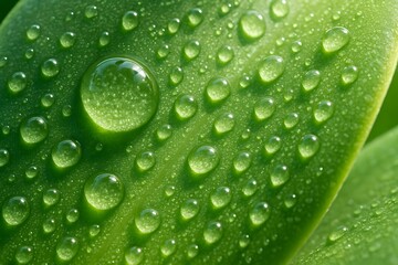 Close Up Green Leaf with Water Droplets Fresh Nature Background