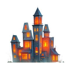 Haunted house glowing with warm light through tall windows creates mysterious and eerie atmosphere at dusk