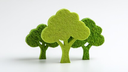 Three green trees crafted from felt, symbolizing nature and eco-friendliness.