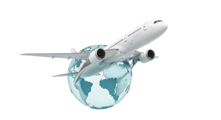 Airplane with globe isolated on transparent background, a symbol of travel