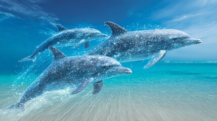 Fototapeta premium Three dolphins gracefully leap through sparkling ocean waves under a clear blue sky.
