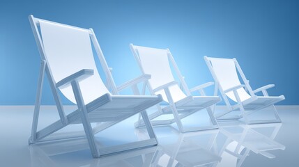 Three stylish white lounge chairs against a soft blue background, perfect for relaxation.