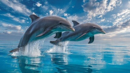 Obraz premium Two dolphins gracefully leaping out of clear blue waters under a bright sky.