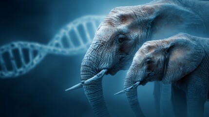 Two majestic elephants with a backdrop of DNA strands, representing evolution.