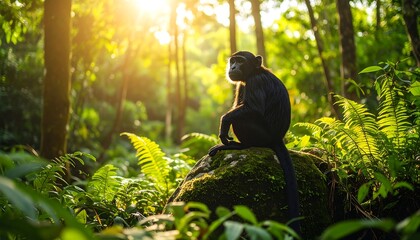 Contemplative monkey perched on mossy rock in lush rainforest setting