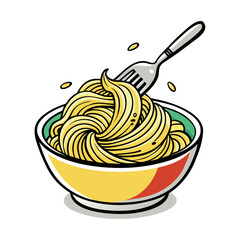 Delicious creamy pasta bowl vector illustration with fork twirling noodles, tasty Italian food design for restaurant branding and menu artwork