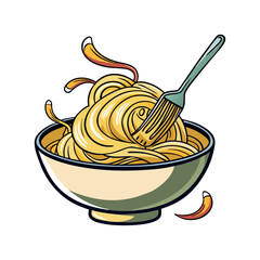 Delicious creamy pasta bowl vector illustration with fork twirling noodles, tasty Italian food design for restaurant branding and menu artwork