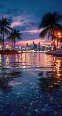 Blurred sunset view of city by water