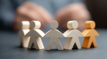 Wooden figures representing teamwork and collaboration in a business setting.