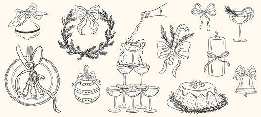 Hand drawn chalk vintage new year set. Whimsical Christmas party. Retro vintage breakfast and dinner meals in crayon style for menus and invitations. La dolce vita  vector illustration.