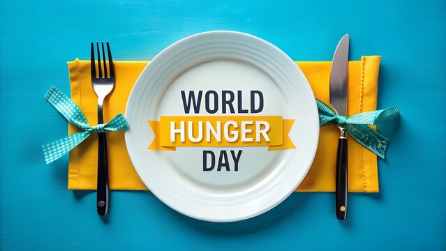 A topdown view of a plate with world hunger day message, fork, knife and ribbon on a blue table, highlighting the importance of global food security