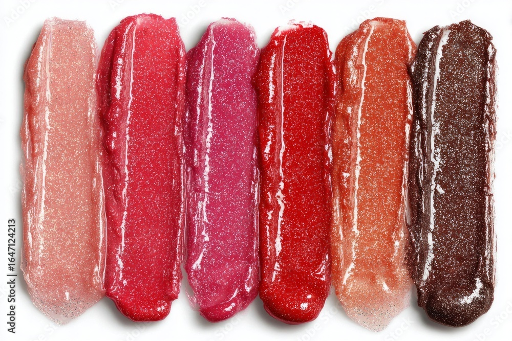 Poster different shades of sparkling lip gloss smeared on a white background creating a vibrant display of 