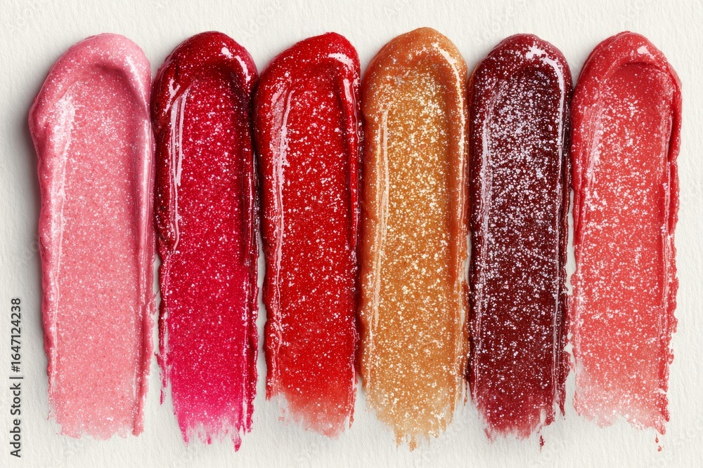 Poster different shades of lip gloss are smeared on a white background, creating a vibrant display of color