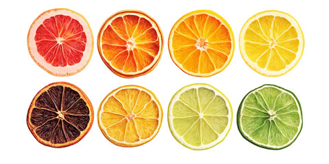 Dried and fresh citrus fruit wheel slices PNG set, cutout isolated on transparent background. Grapefruit, orange, lemon, lime cocktail garnish decoration graphic resource