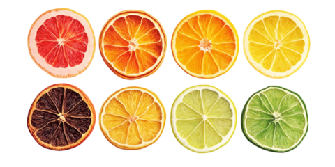 Dried and fresh citrus fruit wheel slices PNG set, cutout isolated on transparent background. Grapefruit, orange, lemon, lime cocktail garnish decoration graphic resource