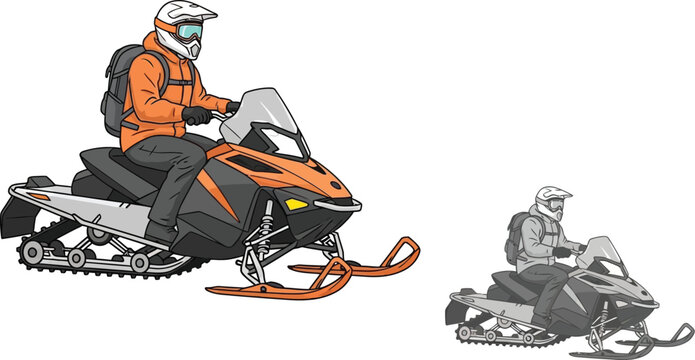 Dynamic snowmobiler riding through winter wonderland adventure