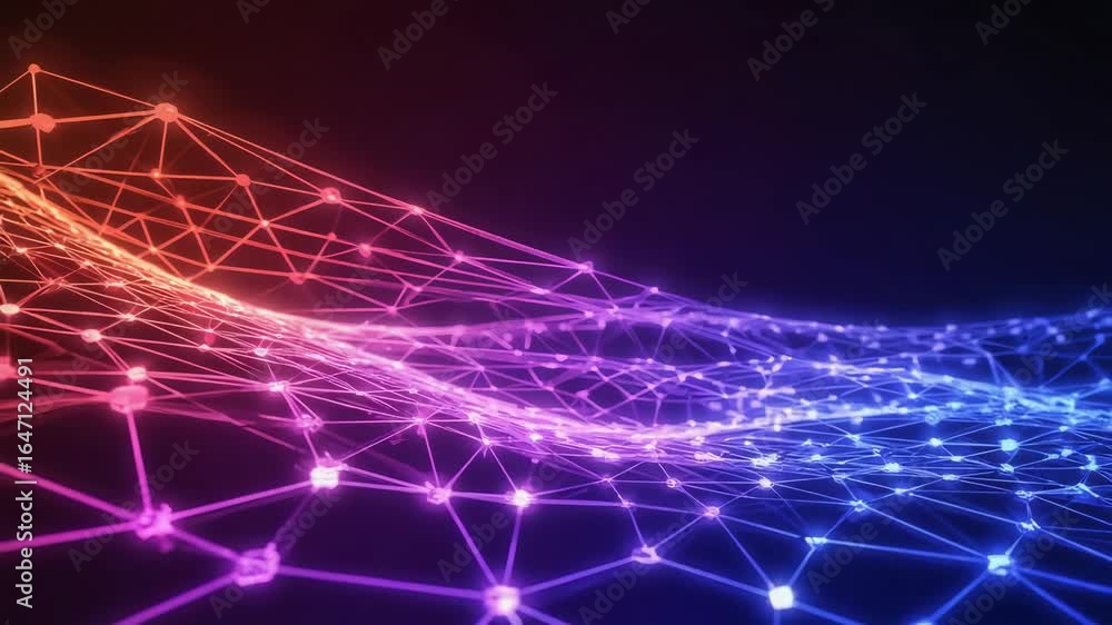 Poster glowing plexus network nodes connect and form a dynamic, futuristic wave shape, displaying a vibrant