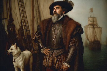 Obraz premium Historic figure in fur coat stands confidently by the water with a dog and ships in the background