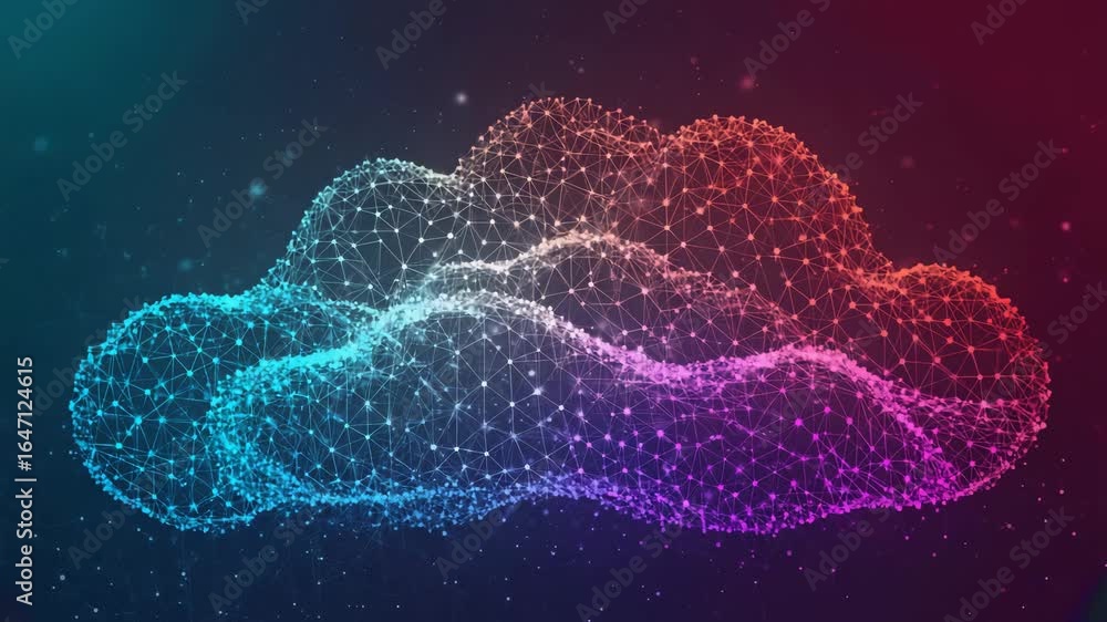 Poster plexus lines and dots forming a cloud shape represent cloud computing, big data analysis, and global