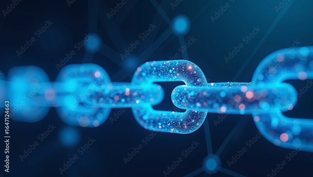 Poster blockchain technology and digital security concept with glowing abstract chain links representing co