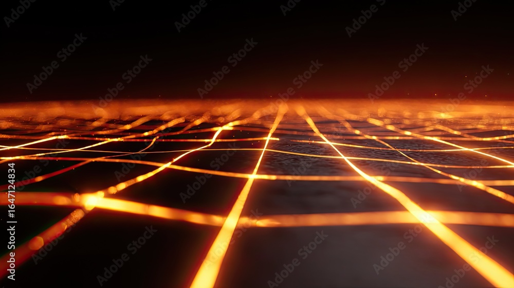 Poster dynamic abstract glowing grid lines ripple across dark water surface with fiery orange light creatin