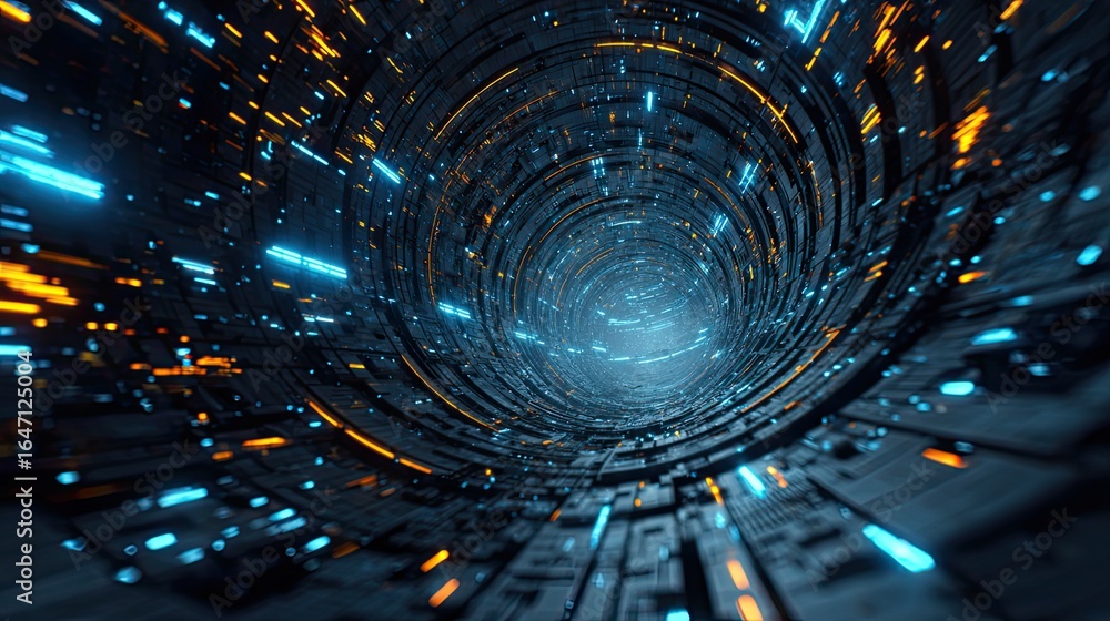 Poster immersive digital tunnel with vibrant blue and orange lights creates a dynamic, futuristic journey t