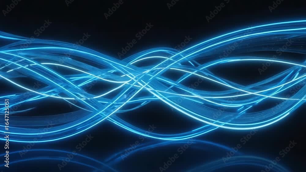 Poster multiple glowing blue neon lines are intertwining and creating a mesmerizing abstract wavy pattern a