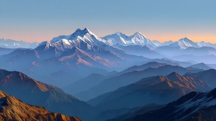 Majestic Snow-Capped Mountains Under a Soft Sunrise Sky with Layered Blue and Orange Hues