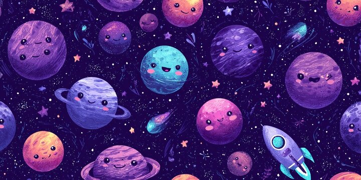 SFONDO SPAZIALE CARINO CON PIANETI SORRIDENTI E RAZZO