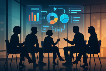 Diverse group of professionals in silhouette discussing data on a large screen