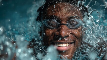 Fototapeta premium Smiling Black male swimmer enjoying a refreshing swim in a clear blue pool.
