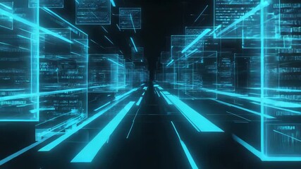 Glowing lines of code and data blocks are rapidly moving through a virtual cyberspace tunnel, creating a futuristic visualization of digital information transfer - Powered by Adobe
