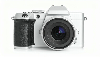 Silver digital camera with black grip, lens pointing forward, isolated on a white background.