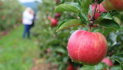 Fresh Red Apple Hanging on Tree in Orchard