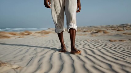 Close-up of man walking barefoot on sandy beach in summer. - Powered by Adobe