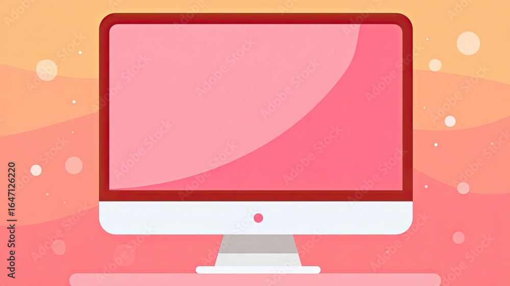Poster vibrant modern computer setup with soft pink and orange gradients and playful floating circles, perf