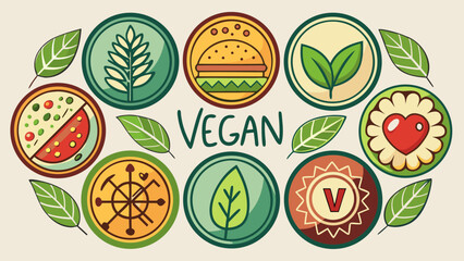 Vegan round icons set, featuring graceful leaf motifs, minimal curves, and natural green tones, symbolizing freshness, purity, and conscious living, ideal for eco-friendly packaging and organic café r