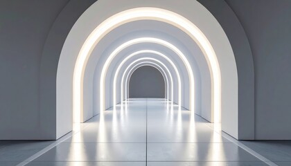 Fototapeta premium Stone arches and columns define a long, medieval European cathedral gallery