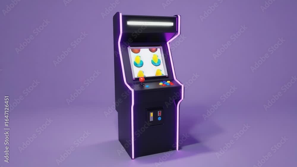 Poster retro arcade game machine with purple neon lights glowing on a solid background, creating a vibrant 